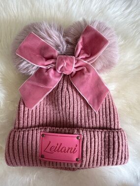 Leilani Pink Double Pom Bow Knit Beanie for Kids